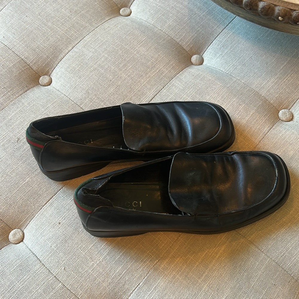 GUCCI Black Leather Signature Stripe Slip On Loafer Dress Shoes Size 9.5 D - Picture 9 of 10